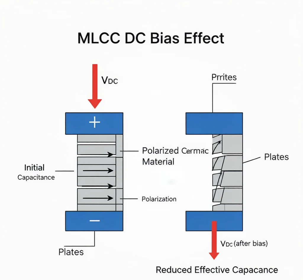 DC bias effect on MLCC capacitance showing capacitance decrease under applied DC voltage