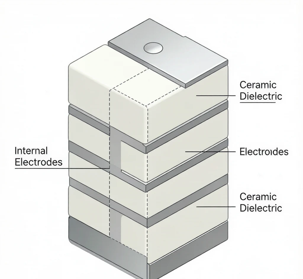 MLCC internal structure cross-section showing alternating ceramic dielectric layers and metal internal electrodes