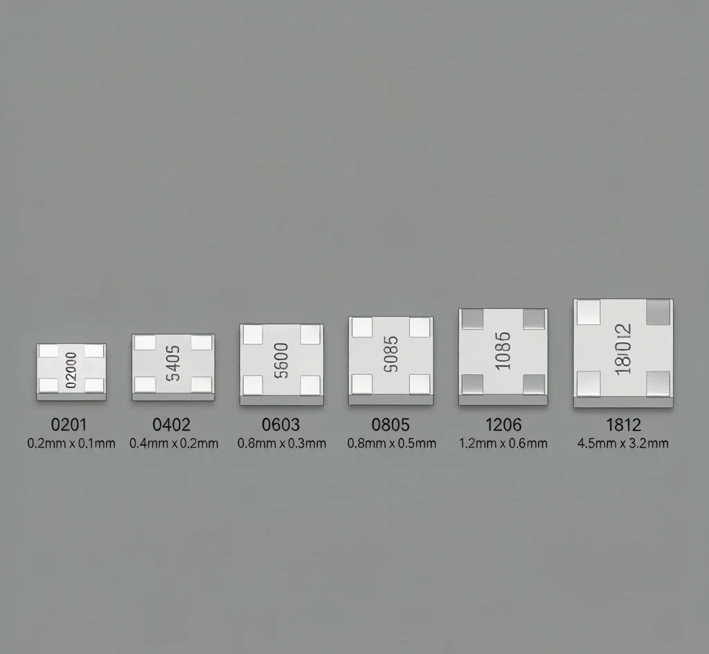 MLCC package size comparison from 0201 to 1206 EIA imperial codes with dimensions